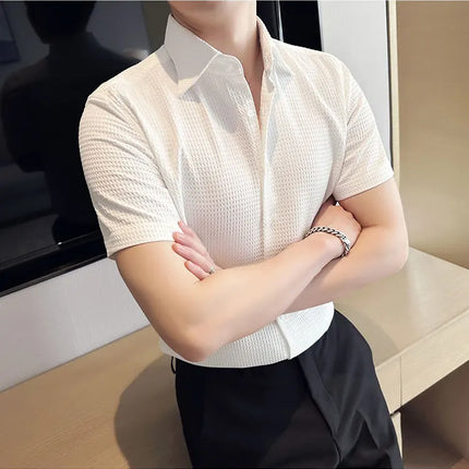 2023 Summer Waffle Short Sleeved Shirt Men Fashion Casual Solid Color Lapel Loose Shirt Male Korean Social Business Dress Blouse