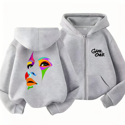 Hip Fashion Hop Trend Street Art Print Hoodies Coat Children Zipper style Sweatshirt Girls Boys Age 3-12 Kids black Pink