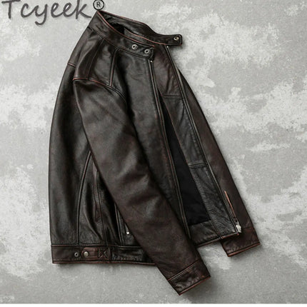 Tcyeek Genuine Leather Jacket for Men Top Layer Cowhide Coats Spring Autumn Vintage Leather Coat Mens Jackets Jaqueta Masculina