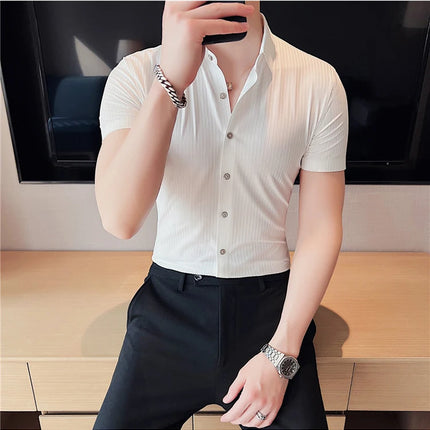 2024 Summer High Elasticity Seamless Short Sleeve Shirts Fashion Stripes Men Business Formal Wear Slim Fit Casual Dress Shirt