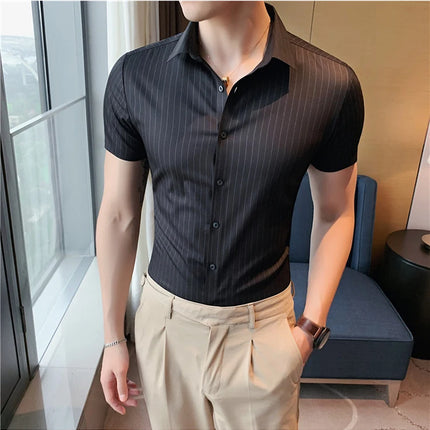 High Quality Ice Silk Traceless Striped Shirt Men's Summer Short Sleeve Slim Casual Business Shirts Tuxedo Men Clothing 4XL-M