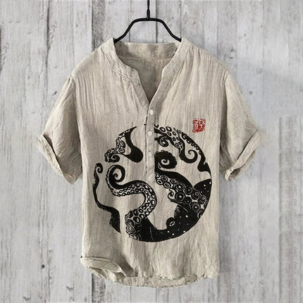 Cross-border foreign trade men's summer 3D printed octopus print shirt casual loose linen short-sleeved shirt T-shirt