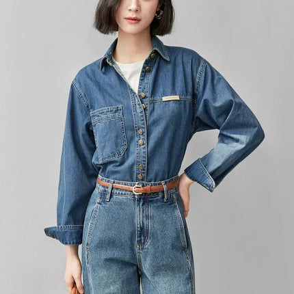 SENTUBILA 100% Cotton Washed Denim Jacket for Women 2025 Spring Retro Loose Patchwork Pockets Leather Logo Coat W43C56148