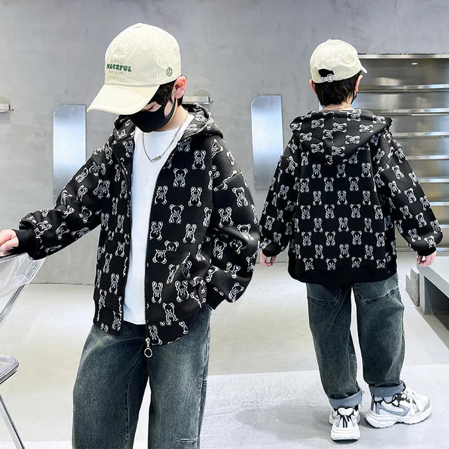 Spring Autumn Boys All-Over Printed Zip Sweatshirt Jackets School Kids Track Hoodie Coat Child Outfit Tops Workout Jumper 3-14Yr