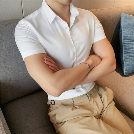 2025 Summer Ice Silk Seamless Shirt High Quality Silky Smooth Short Sleeve Slim Casual Business Tuxedo Shirts Mens Clothing 4XL