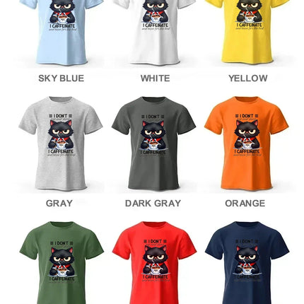 Coffee Loving Cat Print 100% Cotton T-Shirt, Soft & Breathable Round Neck Short Sleeve Tee, Unisex Fun & Quirky Style
