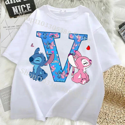 Disney Stitch T-shirts for Women Men Anime Letter A-Z Printed Short Sleeved Shirt Female Male Summer Fashion Top Adults Clothes