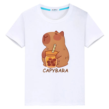 Capybara drinks milk tea print anime Short t shirt for kids boy 10year y2k one piece 100%Cotton Tops pride tshirt girls clothes