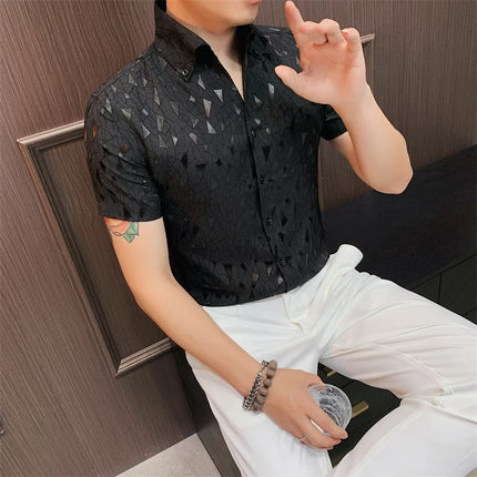 2024 Summer Fashion Printed Shirts High Quality No Ironing Slim Fit Short Sleeve Social Formal Shirt Club Outfits Tuxedo 4XL-M