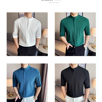 High Quality Chinese Style Stand Up Neck Shirt Men's Summer Mid Sleeved Slim Fit Casual Social Business Blouse Homme 4XL-M