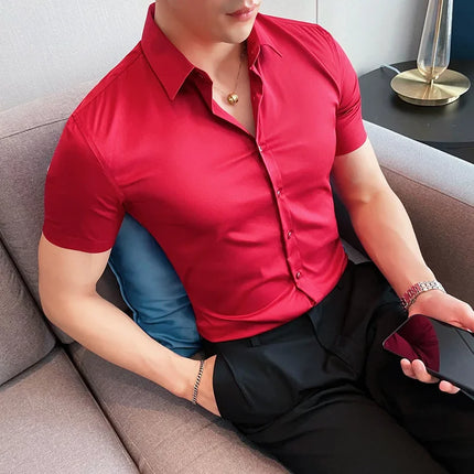 2025 Summer Solid Slim Fit Shirt High Quality Men Business Casual Short Sleeved Social Party Shirts Men Clothing Plus Size 5XL-M