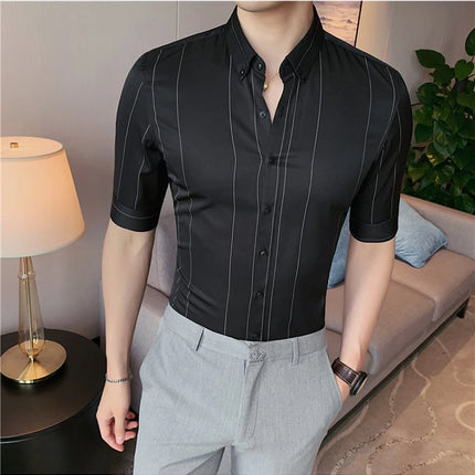 Black/White Summer Half Sleeve Striped Shirts Men 2023 Fashion Business Slim Fit Casual Blouse Social Tuxedos Plus Size 5XL-M