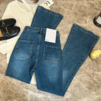 ZMZBCH High Waist Trousers Loose Washed Jeans Pockets Slim Denim Flare Classic Women Vintage Stretch Straight Trousers All-match
