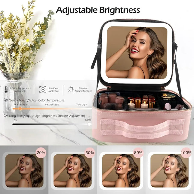 Makeup Bag with LED Mirror Travel Large Train Case Cosmetic Organizer Make Up Bags with 3 Color Lights and Adjustable Dividers