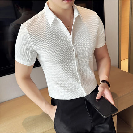 2024 Summer Waffle Shirt Luxury Men's Slim Fit Casual Short Sleeved Business Versatile Dress Shirt Men Clothing Plus Size 4XL-M