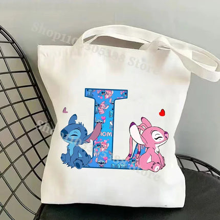 Disney Stitch Fashion Canvas Tote Bag for Women Anime Letter A-Z Printed Shoulder Bag Students Commute Portable Handbags Gifts