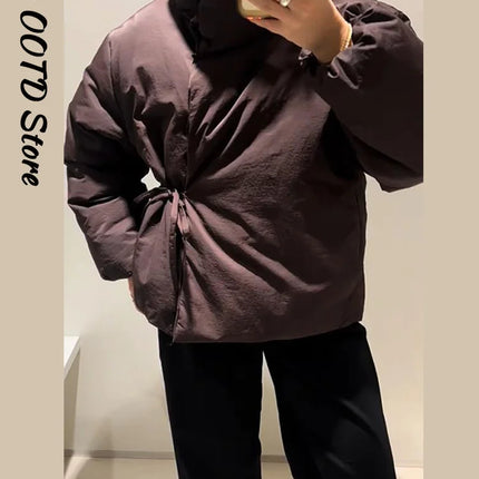 Fashion Lace Up Brown Cotton Jacket Women Loose Stand Collar Full Sleeve Thick Coat 2025 Autumn Winter Lady Warm Street Outwear