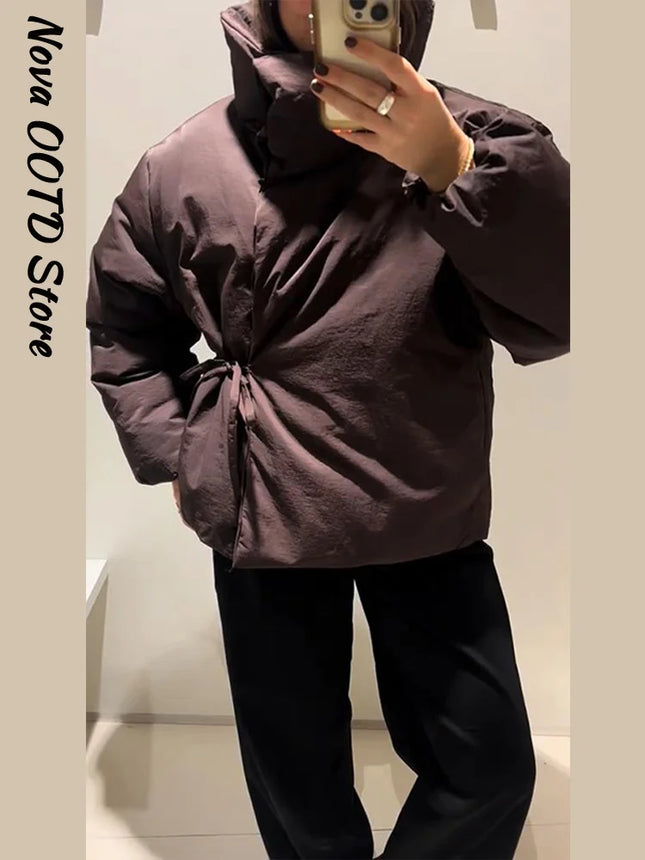 Fashion Lace Up Brown Cotton Jacket Women Loose Stand Collar Full Sleeve Thick Coat 2025 Autumn Winter Lady Warm Street Outwear