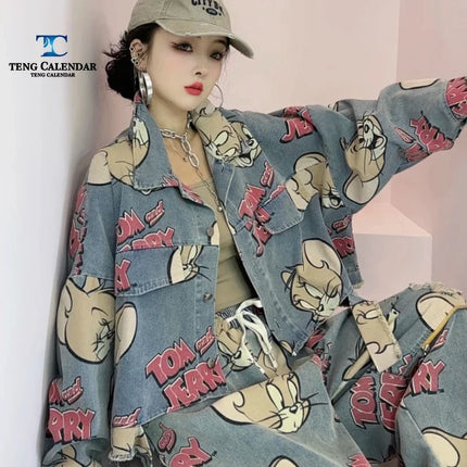 Korean Fashion Cartoon Printed Denim Jacket, Loose Fit Plus Size Short Cardigan Trend, Women's 2025 Autumn New Style