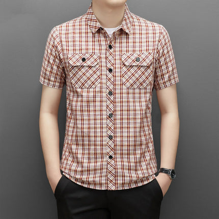 Summer Cotton Men's New in Shirt Slim Fit Plaid Striped Fashion Vintage Tops