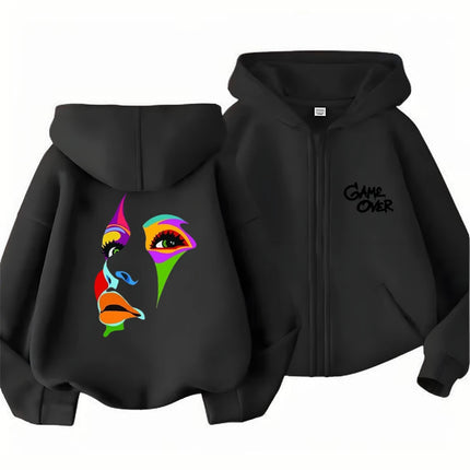Hip Fashion Hop Trend Street Art Print Hoodies Coat Children Zipper style Sweatshirt Girls Boys Age 3-12 Kids black Pink