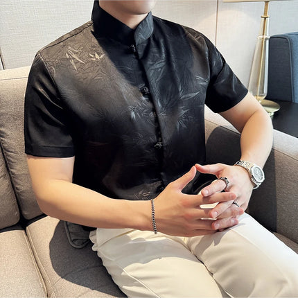 2024 Summer Chinese Style Standing Collar Shirts For Men Fashion Print Short Sleeve Slim Fit Casual Social Party Tuxedo 4XL-M