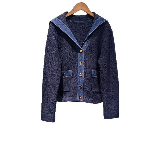 Denim Fights Navy V -neck Knitted Cardigan Age School Style Short Jacket French Niche 2025 Early Spring New Cardigan Women