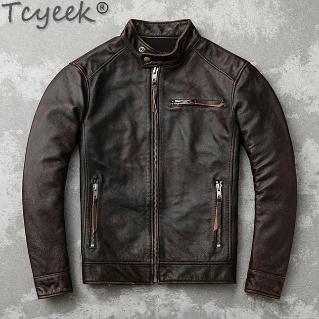 Tcyeek Genuine Leather Jacket for Men Top Layer Cowhide Coats Spring Autumn Vintage Leather Coat Mens Jackets Jaqueta Masculina