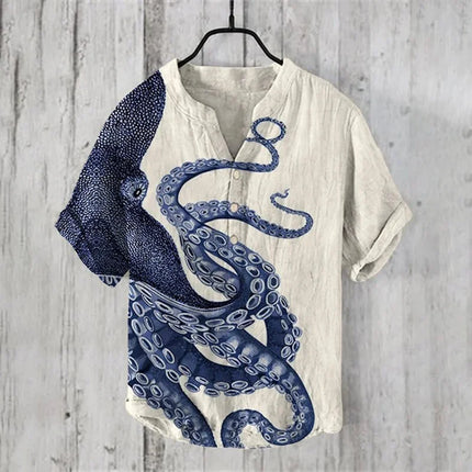 Cross-border foreign trade men's summer 3D printed octopus print shirt casual loose linen short-sleeved shirt T-shirt