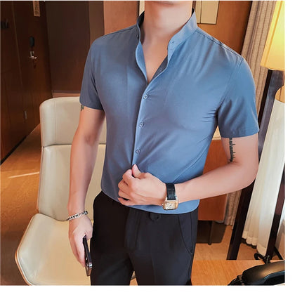 Men's Summer Fashion Stand Collar Business Casual Short Sleeve Shirt Luxury Slim Fit Solid Dress Shirt Brand Men Clothes 5XL-M