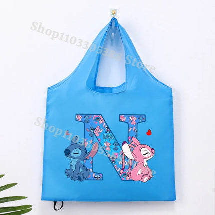 Disney Stitch Foldable Shopping Bag for Women Men High-capacity Reusable Handbags Cartoon Letter A-Z Printing Portable Tote-bags