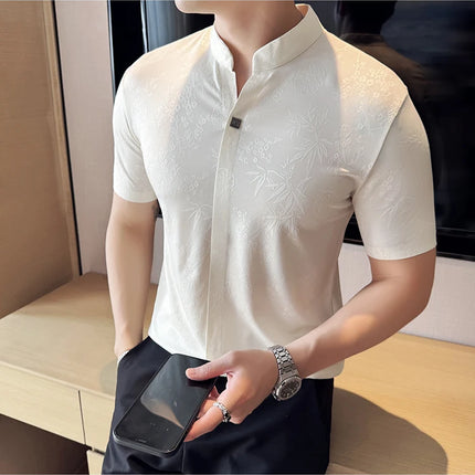 New Chinese Style Stand-up Collar Seamless Polo Shirts Summer Fashion Jacquard Short Sleeve Slim Elasticity Breathable T-shirt