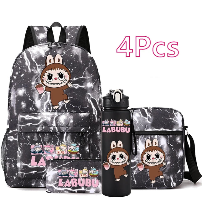 4Pcs/set Cute Printed Backpack Teenger Student Boy Girl Bookbag Schoolbag Travel Bag Outdoor 750Ml Water Bottle Kid Gift Mochila