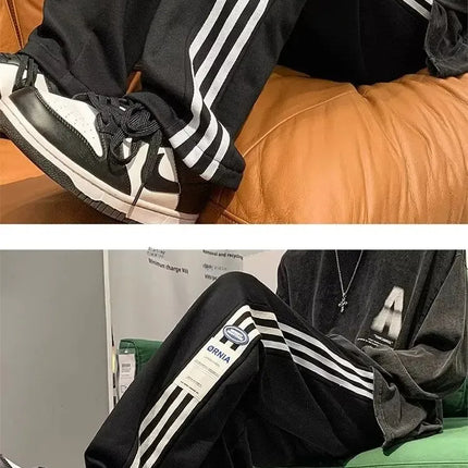 American Style High Street Pants Men's Fall Winter Trendy Brand Fleece-Lined Casual Sports Striped Waist-Defining Loose Fit Vers