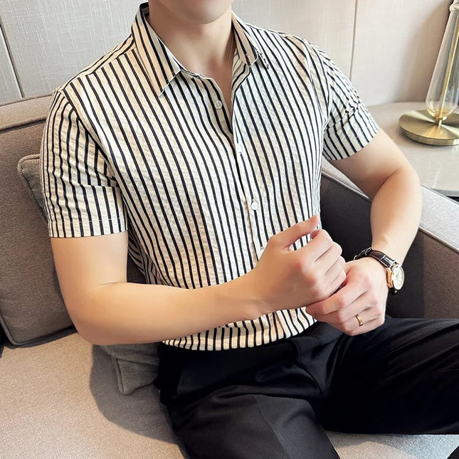 2025 Summer Fashion Vertical Striped Shirts Luxury Men's Short Sleeved Slim Fit Casual Pleated Business Shirt Men Clothing 4XL-M