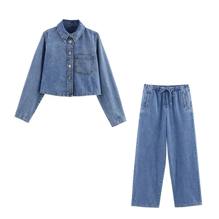 Spring Women's Suit Short Denim Shirt Jacket High Waist Department With Wide Leg Pants 2025 Casual Jacket Jeans 2-piece Set