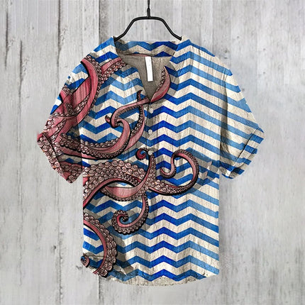 Men's short-sleeved tops 2024 summer casual T-shirts with underwater creatures jellyfish 3D pattern printing, fashionable linen
