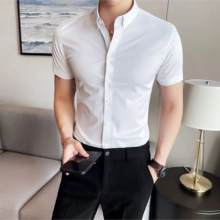 2025 Summer Solid Slim Fit Shirt High Quality Men Business Casual Short Sleeved Social Party Shirts Men Clothing Plus Size 5XL-M