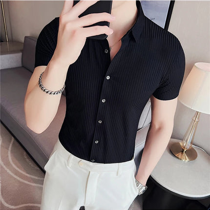 2024 Summer High Elasticity Seamless Short Sleeve Shirts Fashion Stripes Men Business Formal Wear Slim Fit Casual Dress Shirt