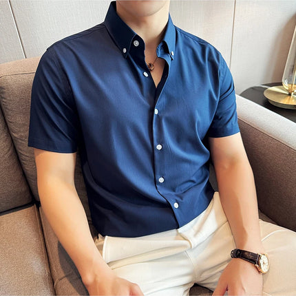 Plus Size 4XL-M High Quality Bamboo Fiber Fabric Dark Stripes Shirts Men Summer Slim Fit Casual Thin Breathable Social Shirt