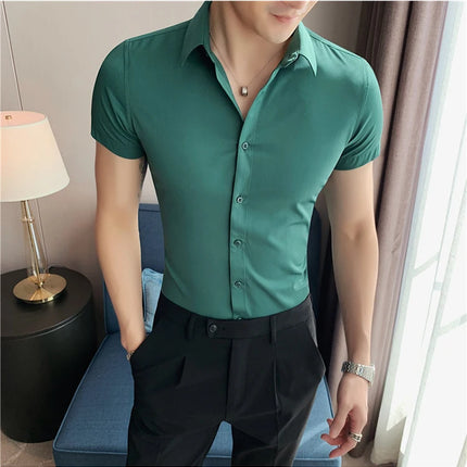 New Summer Men's Short Sleeve Shirt Fashion Business Slim Solid Color Shirt Formal Social Party Casual Dress Men's Clothing 7XL