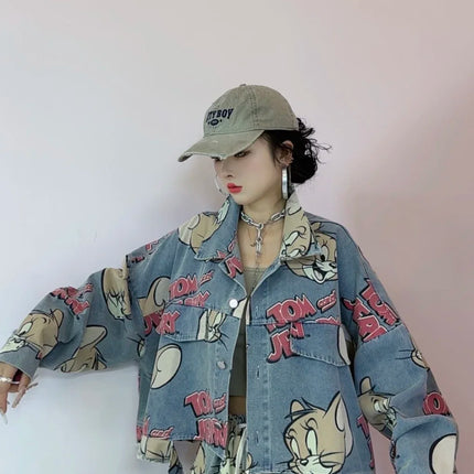 Korean Fashion Cartoon Printed Denim Jacket, Loose Fit Plus Size Short Cardigan Trend, Women's 2025 Autumn New Style