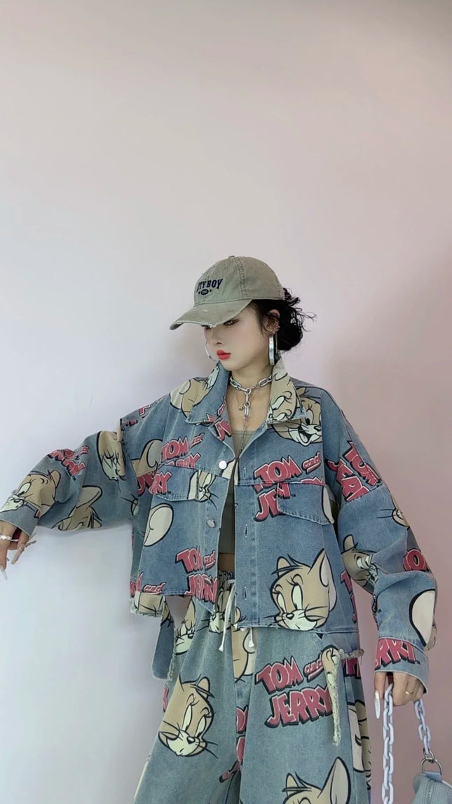 Korean Fashion Cartoon Printed Denim Jacket, Loose Fit Plus Size Short Cardigan Trend, Women's 2025 Autumn New Style