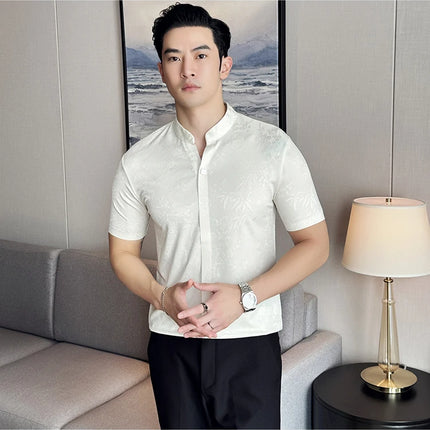 New Chinese Style Stand-up Collar Seamless Polo Shirts Summer Fashion Jacquard Short Sleeve Slim Elasticity Breathable T-shirt