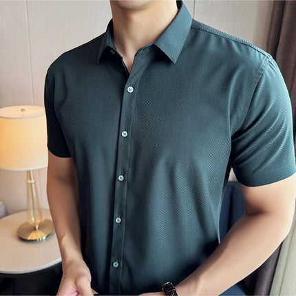 High Quality Ice Silk Elastic Jacquard Shirts 2024 Summer New Men Casual Short Sleeved Slim Fit Business Versatile Shirt 4XL-M