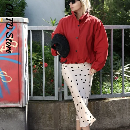 Casual Red Zipper Short Bomber Jacket Women Stand Collar Full Sleeve Button Pocket Coat 2025 Autumn Lady Chic Street Outwear New