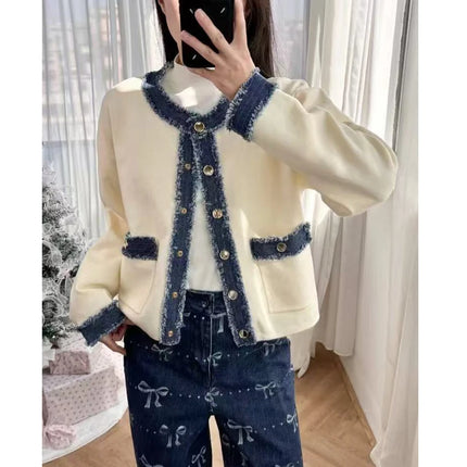 2025 Women's contrast denim patchwork knit jacket pocket o collar single breasted long sleeve women's short white coat 25A084