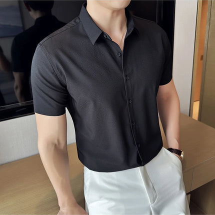 High Quality Ice Silk Elastic Jacquard Shirts 2024 Summer New Men Casual Short Sleeved Slim Fit Business Versatile Shirt 4XL-M