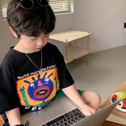 Summer Handsome Cool Kids Boy Casual Cartoon Bear Print Trendy Children's Pure Cotton T-shirt Short Sleeve Toddler Tees Han Fan