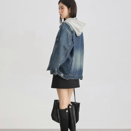 Women Retro Washed Denim Jacket Spring 2025 Oversized Drop Shoulder Loose Fit Casual Fashionable Lapel Collar Chic Jean Coat